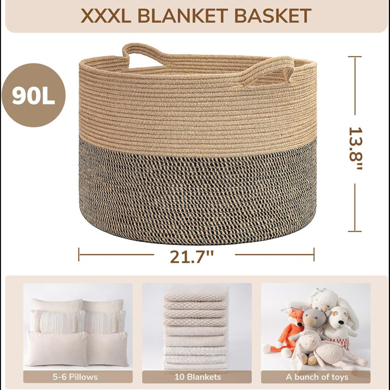 Extra Large Woven Baskets For Storage, 21.7 X 13.8 Blanket Basket Living Room Wicker Storage Basket For Organizing Woven Laundry Baskets For Toy Pillow Shoe, Entryway, Black Jute