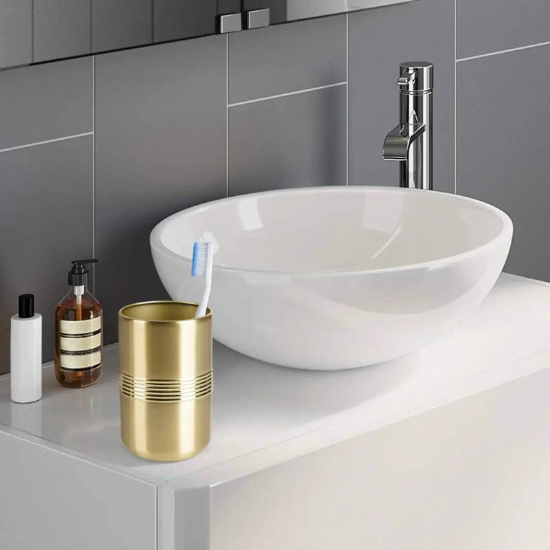 Gobelet pour la salle de bain en acier inoxydable Oneita | Porte-gobelet décoratif, verre à boire, brosse à dents et brosse à maquillage pour comptoir, lavabo et bureau - Or