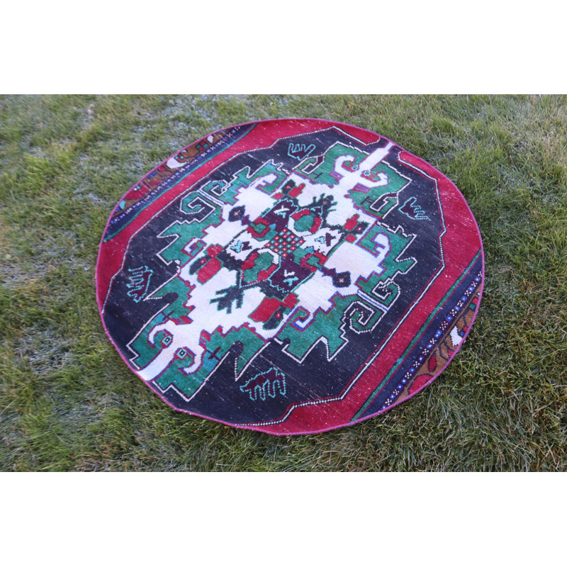 Tapis turc rond vert antique noué à la main de style bohémien pour un décor d'inspiration rétro