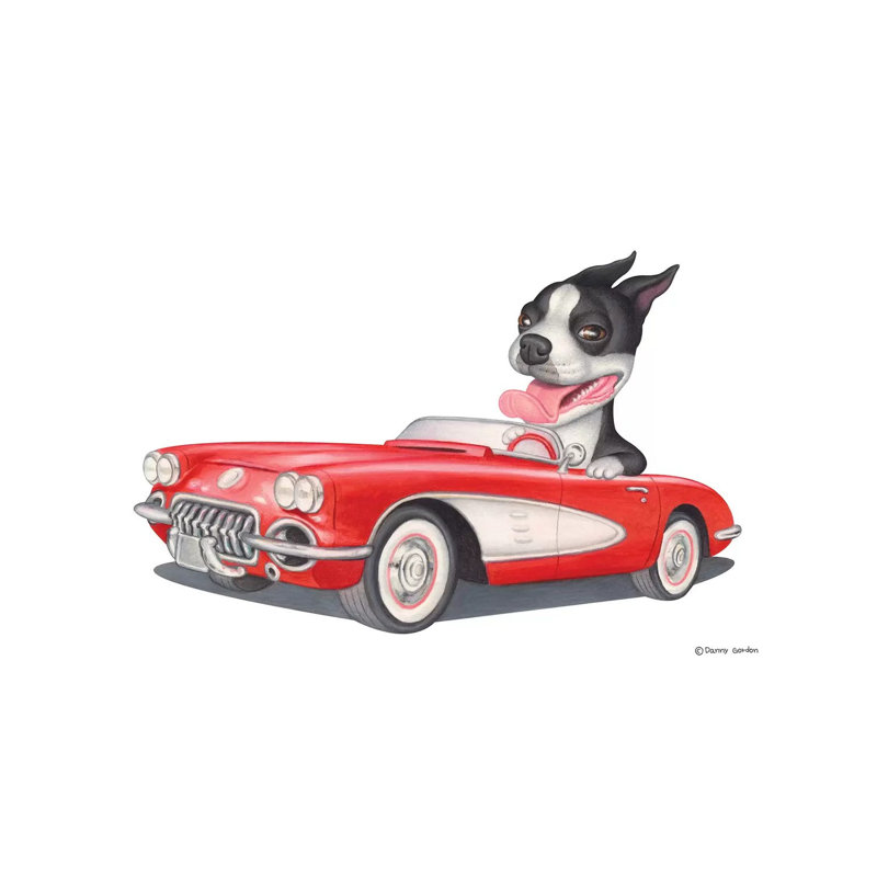«Boston Terrier Red Car» par Danny Gordon, impression sur toile tendue, H 12 po x l 18 po x 1,5 po
