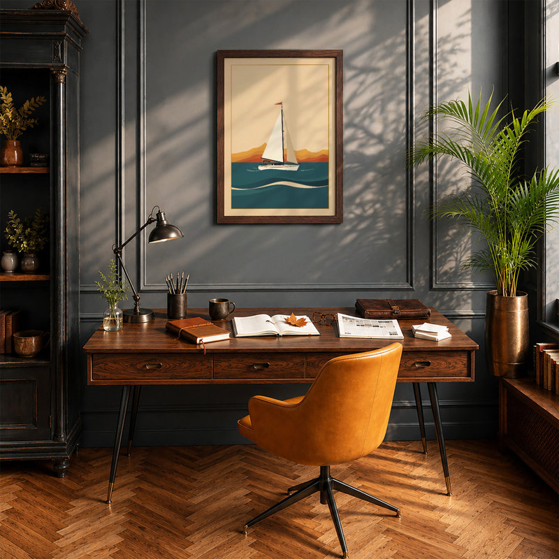 Sailboat at Calm Waters Minimalist - Framed Print, A4 - 29.7 x 21.0 cm, Walnut