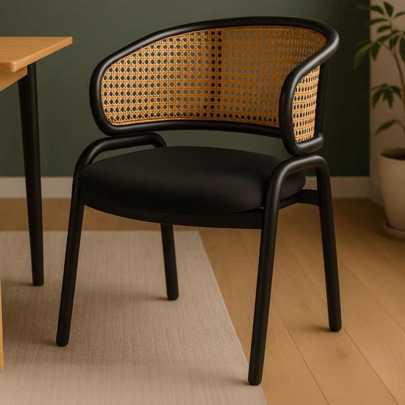 Daishun Velvet Dining Chair with Cane Rattan Back & Stainless Steel Legs – Modern Accent Chair for Kitchen, Dining Room & Bistro
