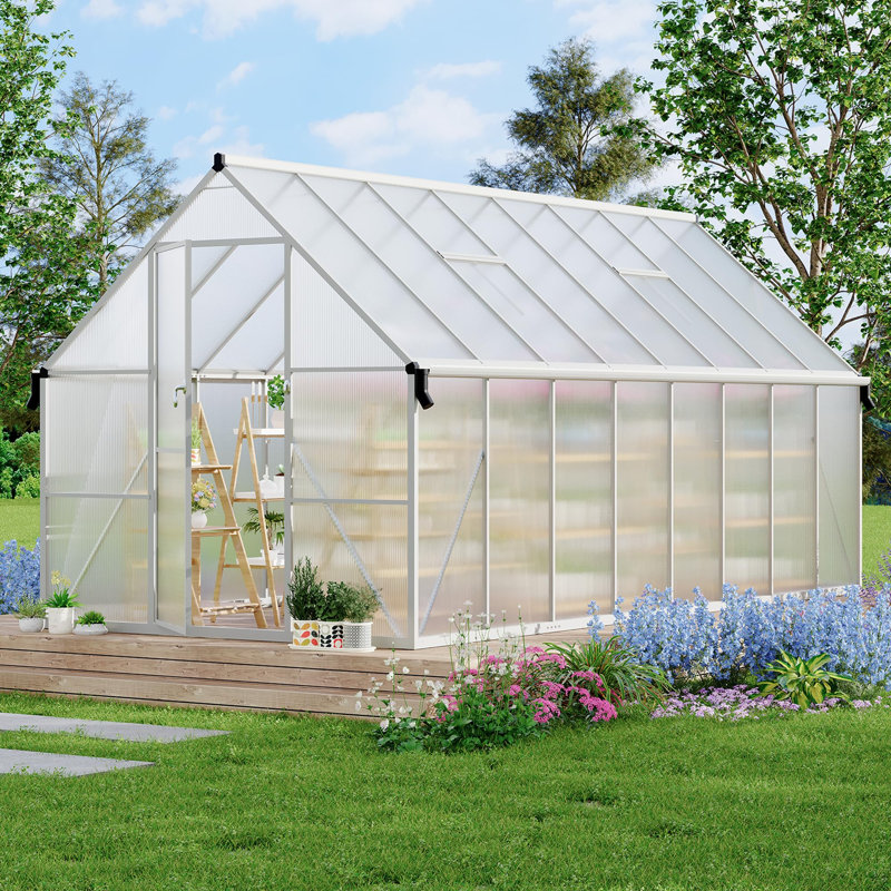 Quick-Assembly Polycarbonate Walk-in Greenhouse with Roof Vent for Outdoor Garden Ventilation, Silver