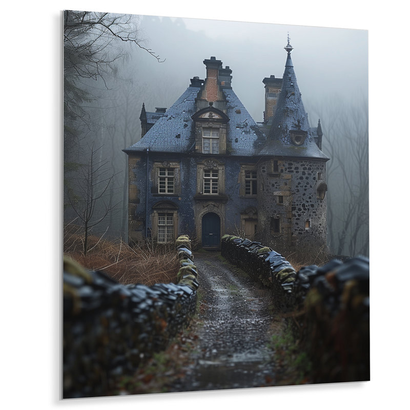 Gris gris clair de lune château brumeux matin - salon d'art mural Chateaus, Métal métal, H 32 po x l 24 po x P 1 po