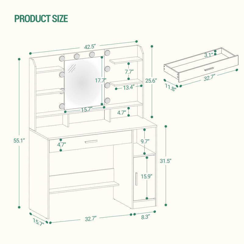 Vanity Desk with Mirror and 10 LED Lights, 3 Levels of Adjustable Brightness, Dresser Table with Hidden and Open Shelves