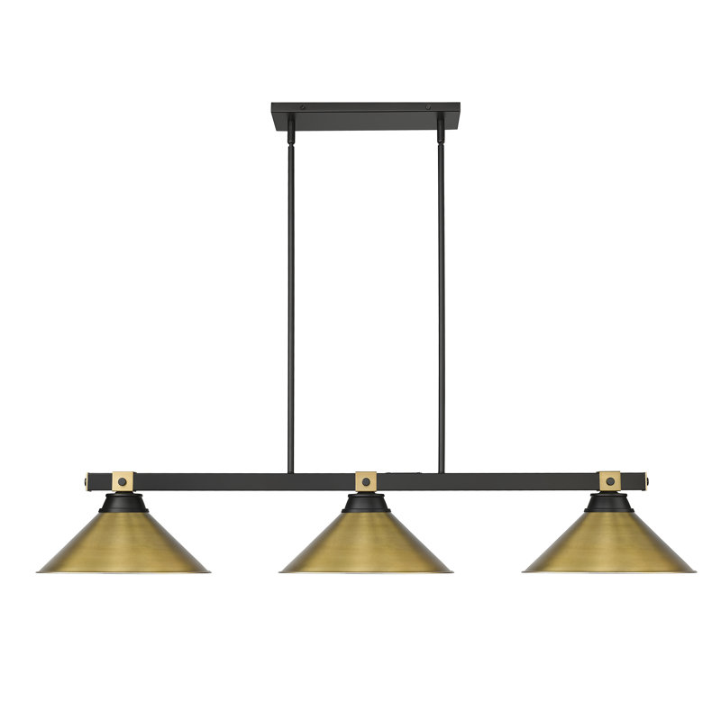 Billard 3 lumières Dressler en noir mat + laiton frotté, H 8,75 po x l 15,25 po x P 54 po, Doré