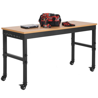 72" Heavy Duty Garage Workbench with Wheels, 2200 Lbs Load Capacity, Solid Hardwood Top & Steel Frame, Adjustable Height 29.5"-37", Built-in Power Outlets