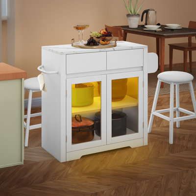 Kitchen Island With Drop Leaf Power Outlets, Rolling Cart With 2 Stools, Marble Top LED Lights