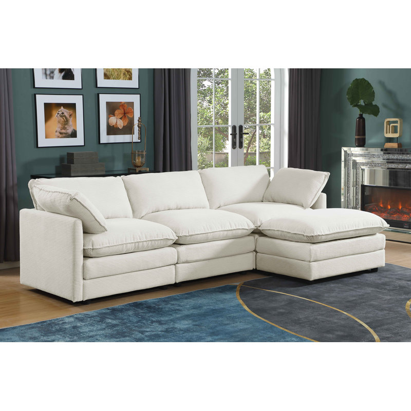 6 - Piece U Shape Sectional Sofa Cloud Couch With Removable Ottomans, White Corduroy