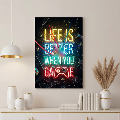 Neon Game Controller Text With Shattered Glass Effects Canvas Wall Art
