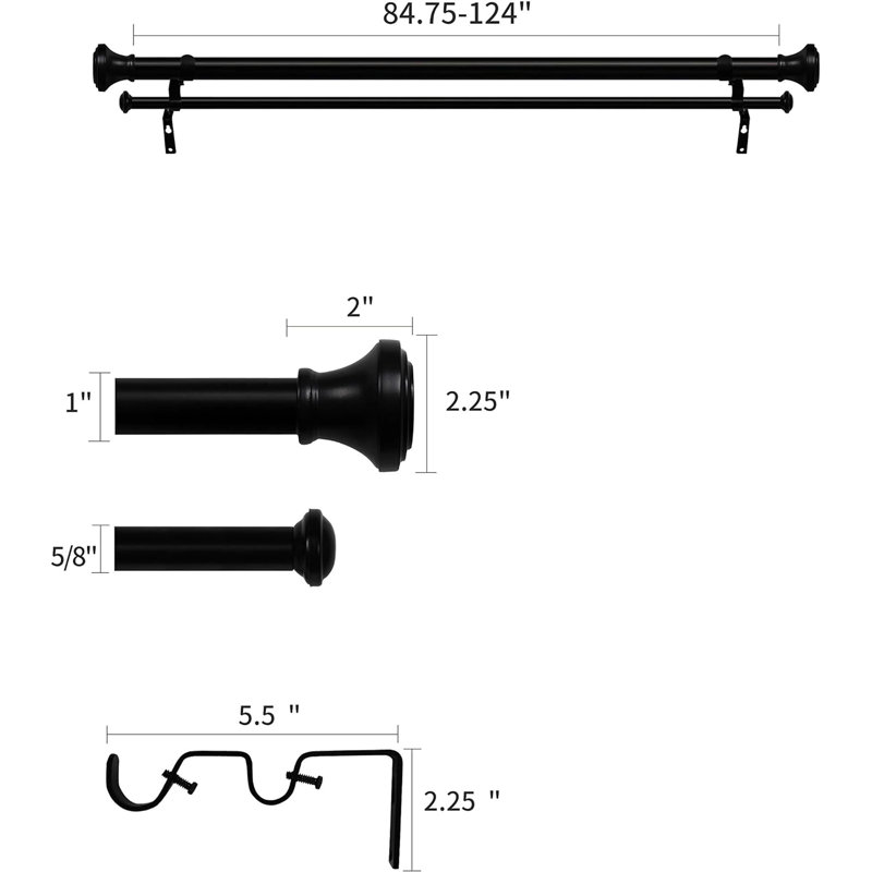 Tringle à rideaux double réglable 1 po Hypatos, Noir, noir, noir, noir, 84" - 120"