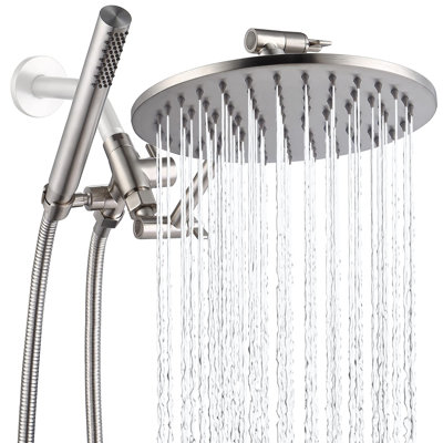 Système de douche double tout en métal - Pomme de douche à effet de pluie 8 po et douchette avec inverseur à 3 voies, bras d'extension réglable et tuyau de 71 po