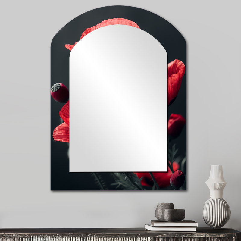 Red Black Poppies Monochrome Charm I - Poppies Arch Wall Mirror, Red Asymmetrical Decorative Mirror, Printed Metal Art