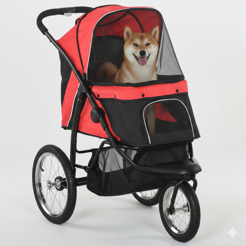 Poussette pour animaux de compagnie convenant aux canines et félins de taille compacte à moyenne, équipée de trois grandes roues, de conception pliable, d'un auvent réglable, d'une laisse de sécurité et d'un compartiment de rangement sous le lit, rouge