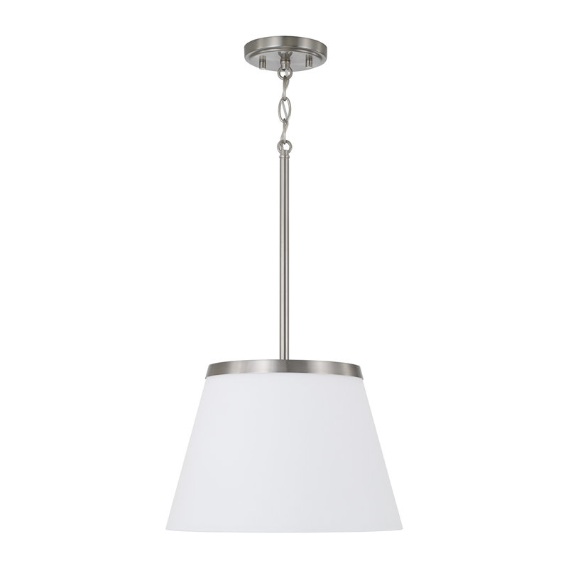 13.25" W x 9" H 1-Light Cone Pendant in Brushed Nickel with Soft White Glass, Brushed Nickel