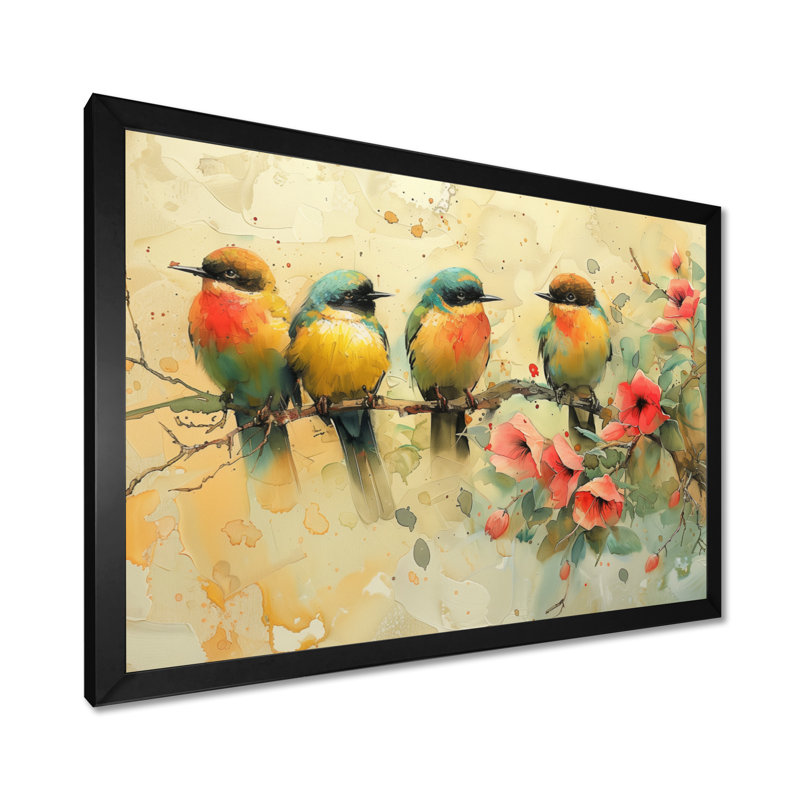 Fleurs jaunes et vertes d'Eden Birds III - décoration murale oiseau, Toile encadrée noire simple