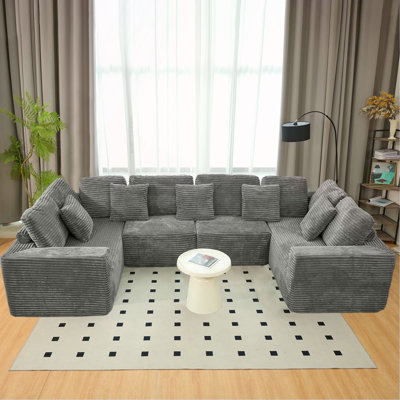 Canapé modulaire en forme de U de 135,5 pouces, méridienne 6 places avec design réversible, tissu rayé en velours côtelé gris - canapé de salon, configuration librement configurable.