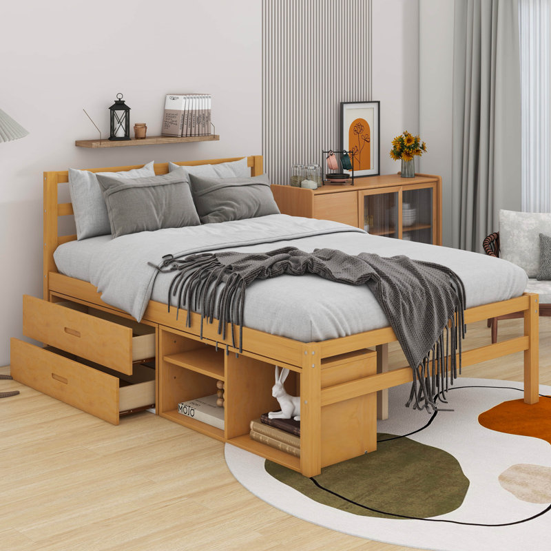 Lit plateforme en bois avec tablettes et tiroirs de rangement amovibles, Naturel, Double
