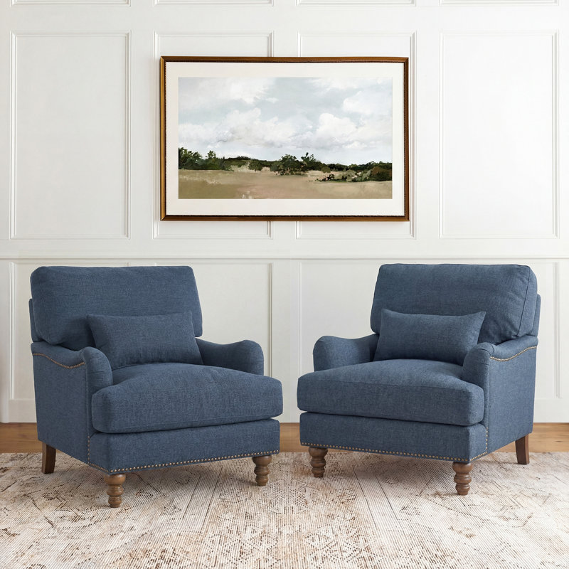 Charney Upholstered Accent Chairs With Nailhead Trim, Dark Blue