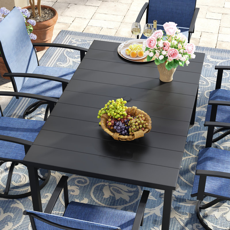 6-Person Rectangular Patio Dining Set With 360° Swivel PVC-coated polyester Chairs, Black/Blue