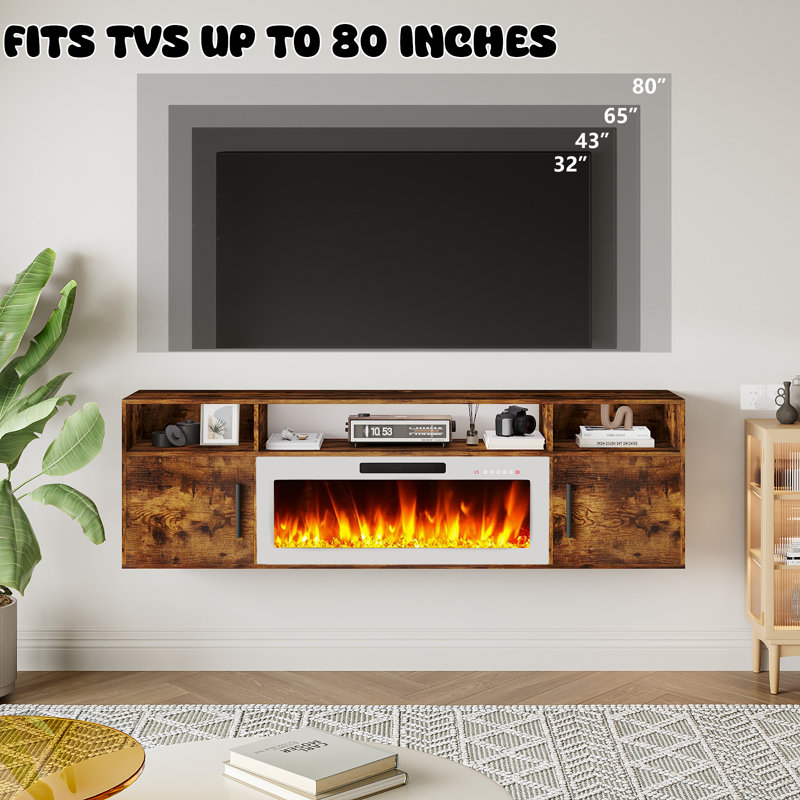 Floating Fireplace Tv Stand 70'' Wall Mounted Shelf, Brown