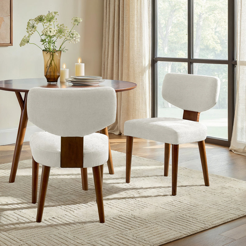 Mid Century Modern Upholstered Dining Chairs (Set of 2), Ivory