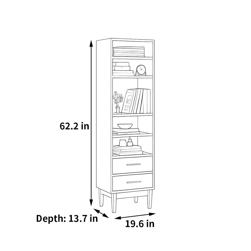 Bibliothèque moderne, simple et tendance, (6 tablettes) H 62,2 po x l 19,6 po x P 13,7 po, Brun