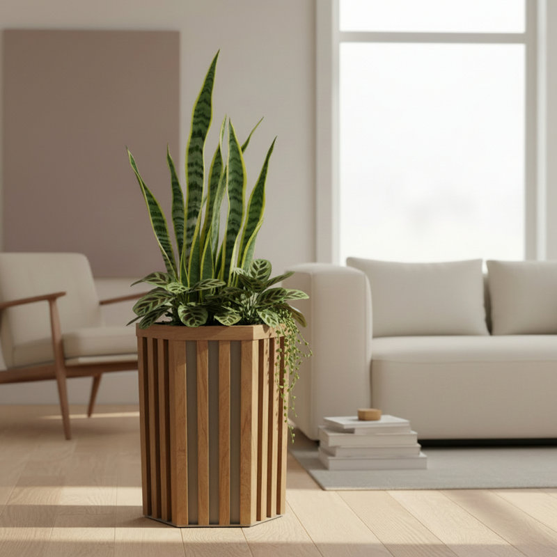 Hexagon Column Planter, Chestnut, 16.25" H x 10.5" W x 9.13" D