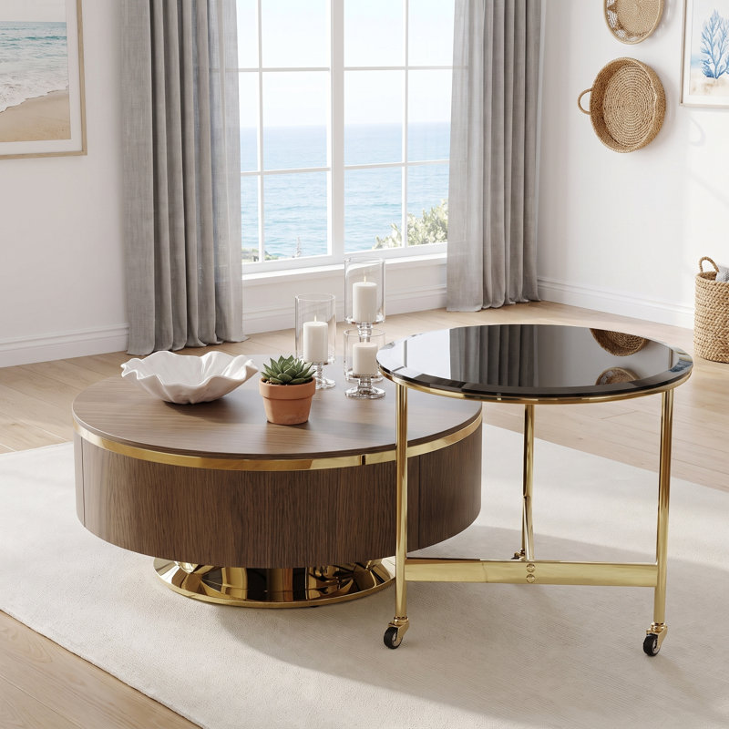  31.5" Walnut Nesting Coffee Table Sets with 2 Hidden Drawers