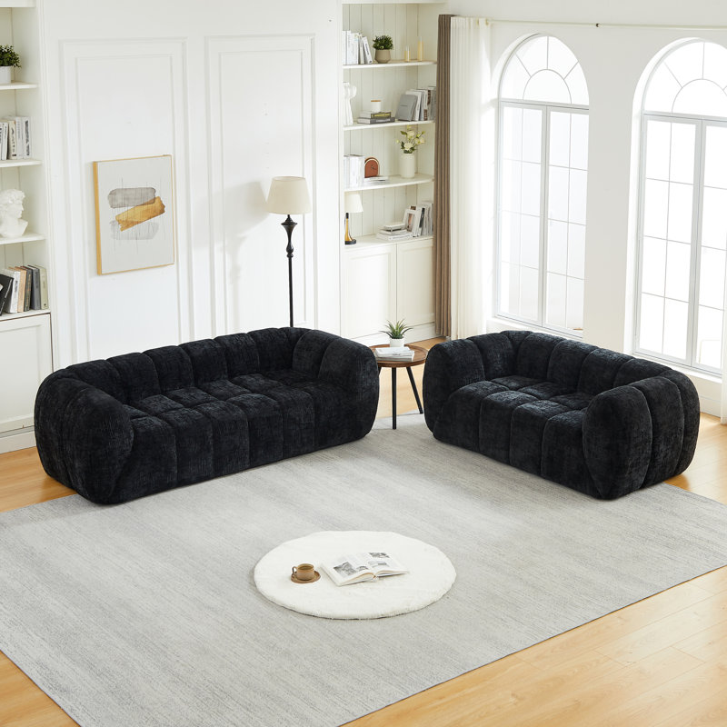 Ensemble de canapés modulaires en mousse de chenille 2 pièces, canapé modulaire moderne à profil bas pour grand salon, noir