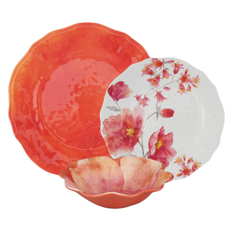 Tiger Lily 18 Piece Melamine Dinnerware Set Plate and Bowl Set - Service for 6