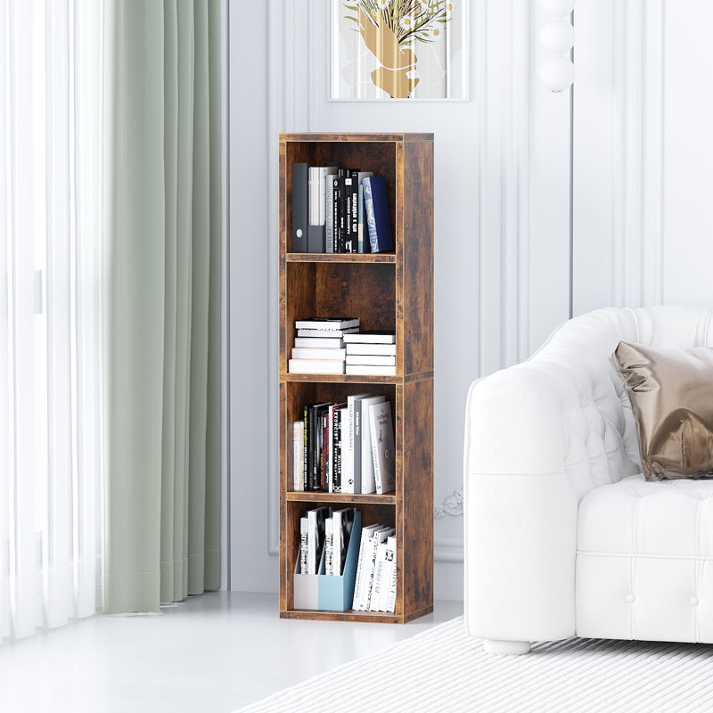 Wooden Bookshelf, Cube Storage Shelf, Floor Organizer for Bedroom, Living Room, Brown, (4 Shelves) 45.87"H x 11.81"W x 9.45"D