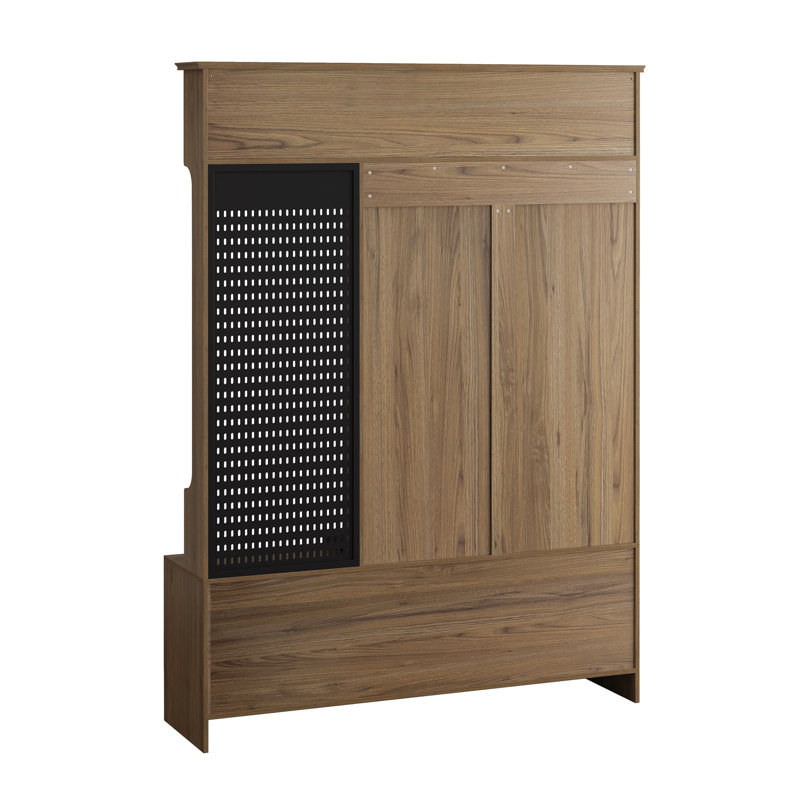 Multi-Purpose Hallway Hall Tree With Removable Linen Cushioned Entryway Bench, Coat Rack, Storage Shelves, And DIY Pegboard,For Hallways, Living Room