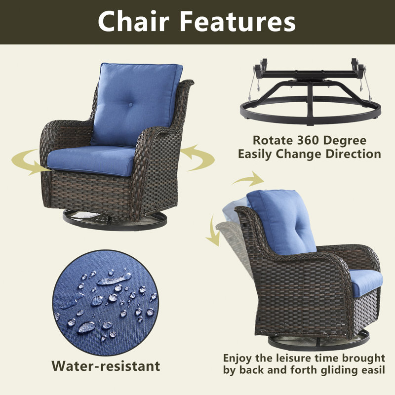 Chaise de patio avec coussins Tonry, Brun, Bleu marine