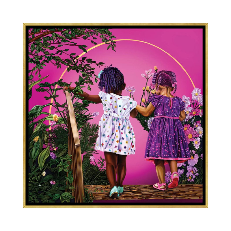 Voyage avec ma sœur-impression d’art graphique, Pas de tapis, H 26 po x l 26 po x P 1,5 po, Toile encadrée d'or