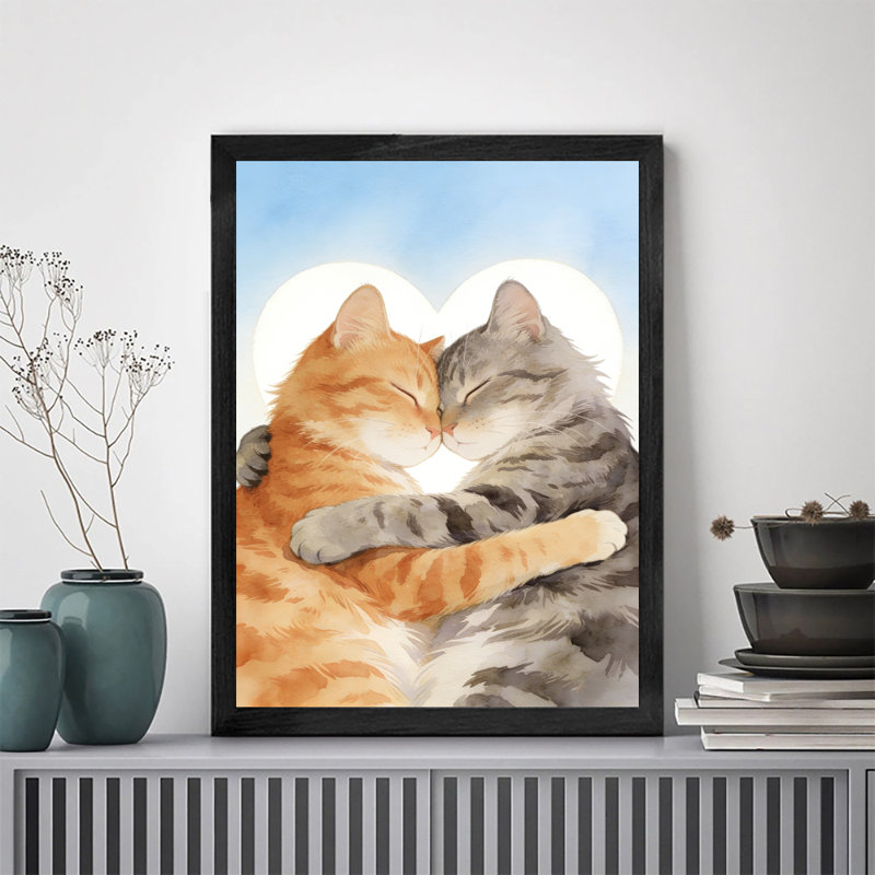 Reproduction d'art encadrée noire de chats rétro se blottissant ensemble, H 11 po x l 9 po
