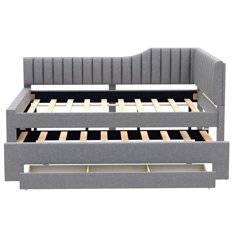 Upholstered Daybed With Trundle And Three Drawers, Gray, Full