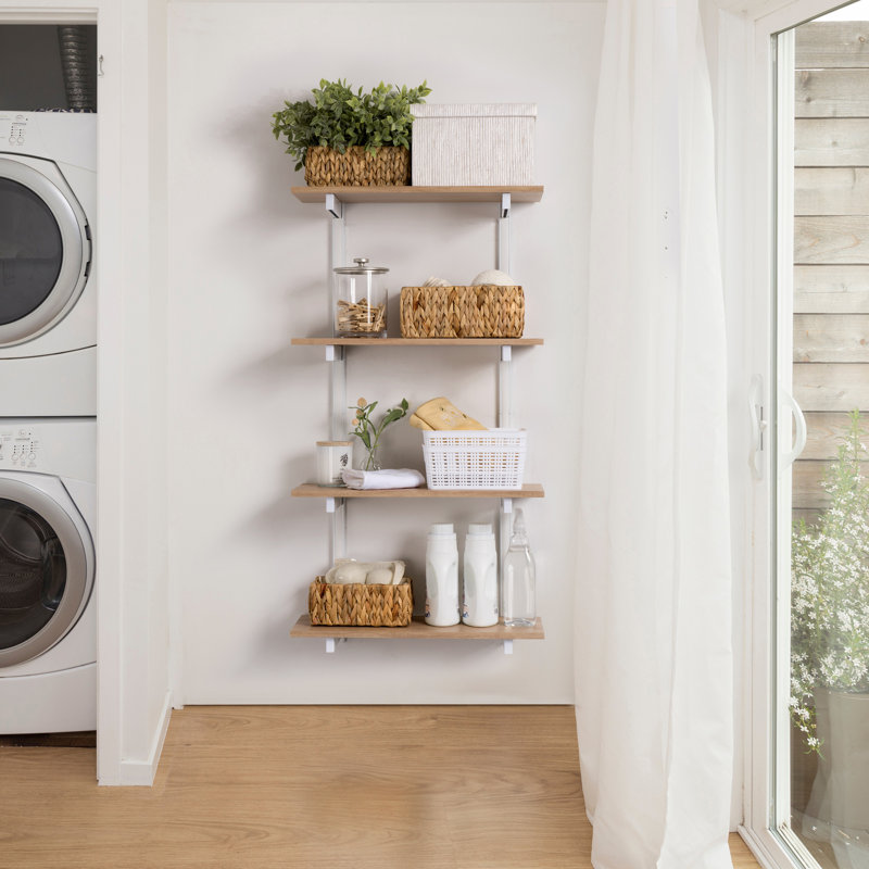 White 4-Tier Floating Wall Shelves with Light Oak Finish