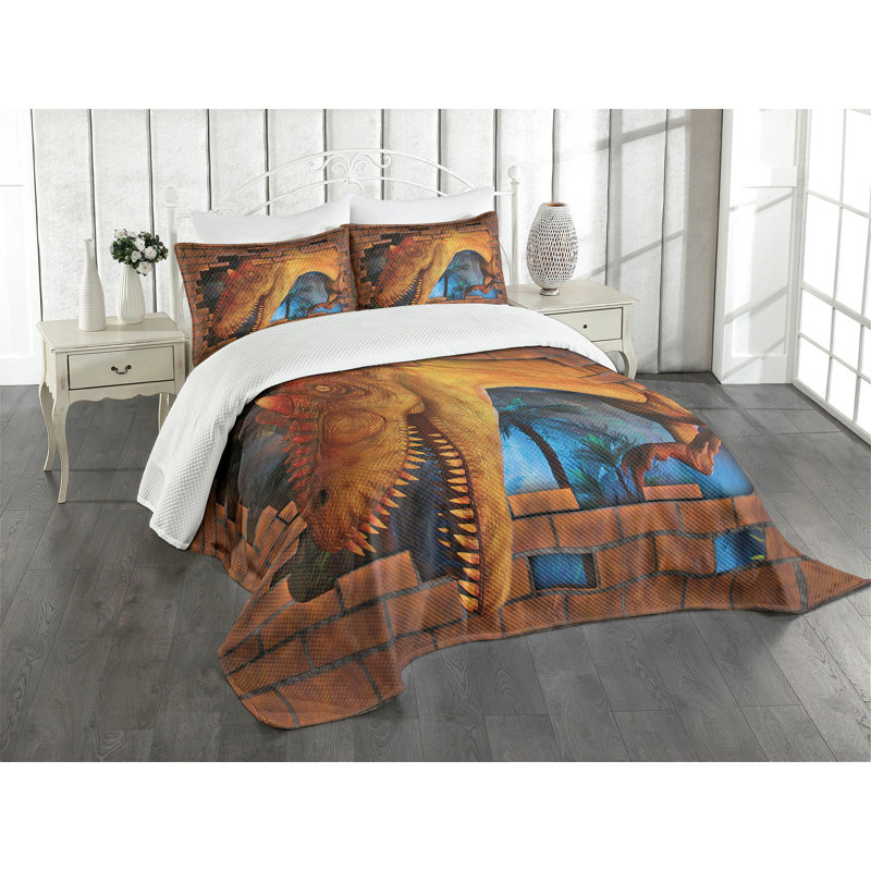Ensemble de couvre-lit Ambesonne Dinosaur Dino Breaks Brick Wall Orange Blue