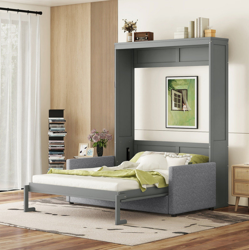 Grand lit escamotable mural avec coussin, grand, Gris