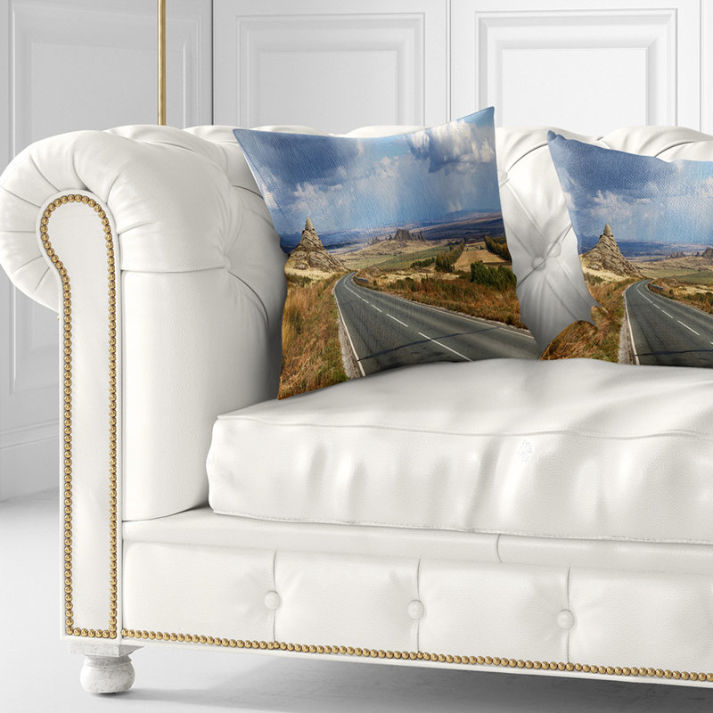 Route dans le paysage oriental du Kazakistan - coussin à imprimé paysage, 16 po x 16 po, Coussin décoratif