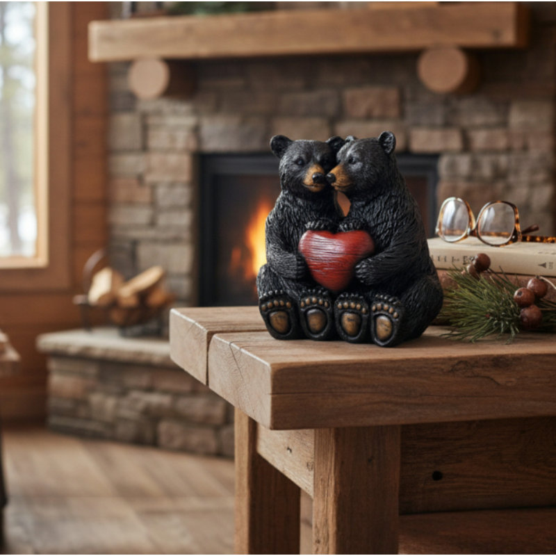 Two Bears Holding Heart Rustic Woodland Decorative Figurine