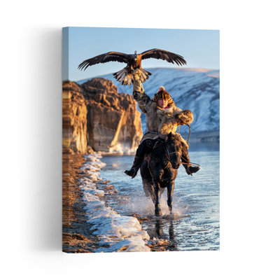 Affiche murale traditionnelle abstraite représentant un aigle et un cheval dans le cadre d'une chasse à l'aigle en hiver.