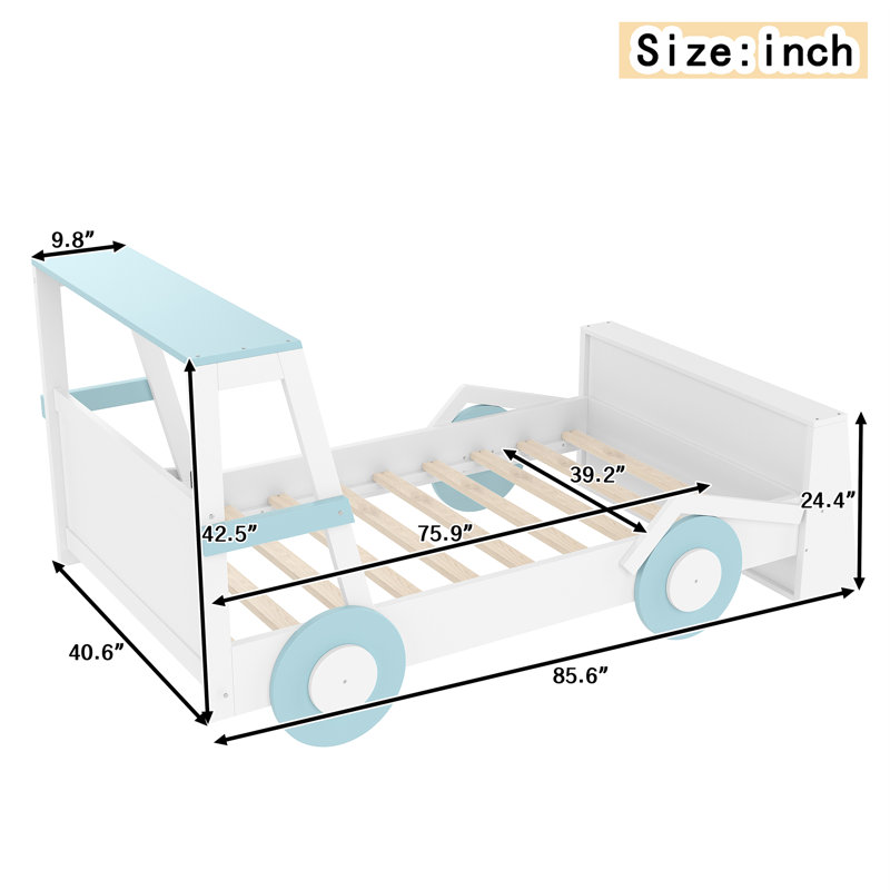 Twin Size Car Bed with Storage Shelves – Kids Platform Bed with Fun Car-Shaped Design, Blue & White, Blue