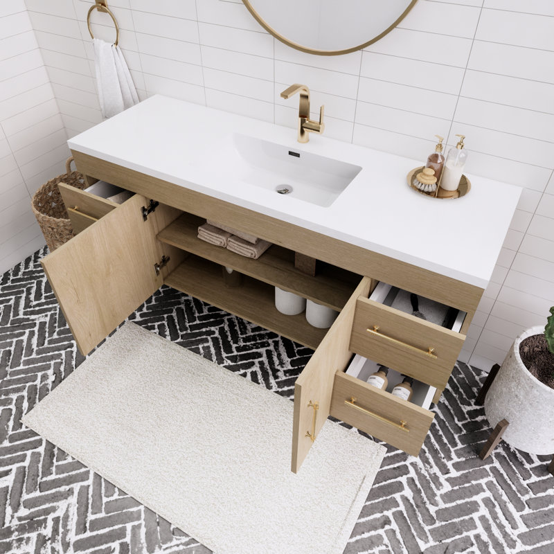 Ensemble de meuble-lavabo mural simple 60 "Spring, Chêne blanc