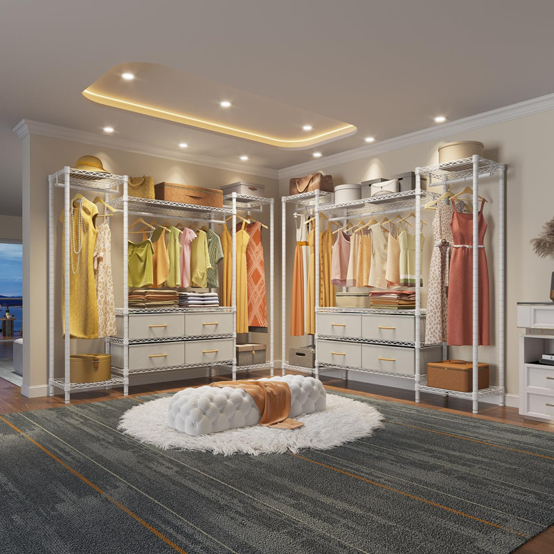 Nicholaos 180cm H x 154cm W Metal Clothing Rack with 6 Shelves, 3 HangRods, and 4 Fabric Drawers, White