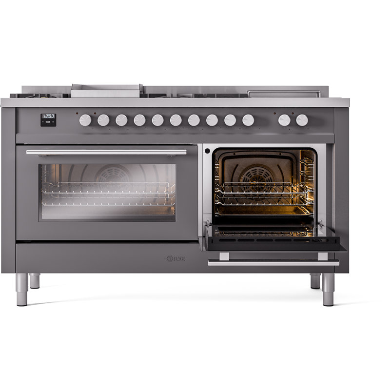 Cuisinière à double combustible de 60 po ILVE Professional Plus II, 7 brûleurs scellés, plaque chauffante, plateau français (porte vitrée)