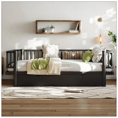 Full Size Platform Bed with Storage Drawers, Metal Daybed Frame with Upgraded Safety Round-Pipe Design, Low Profile Design, Black