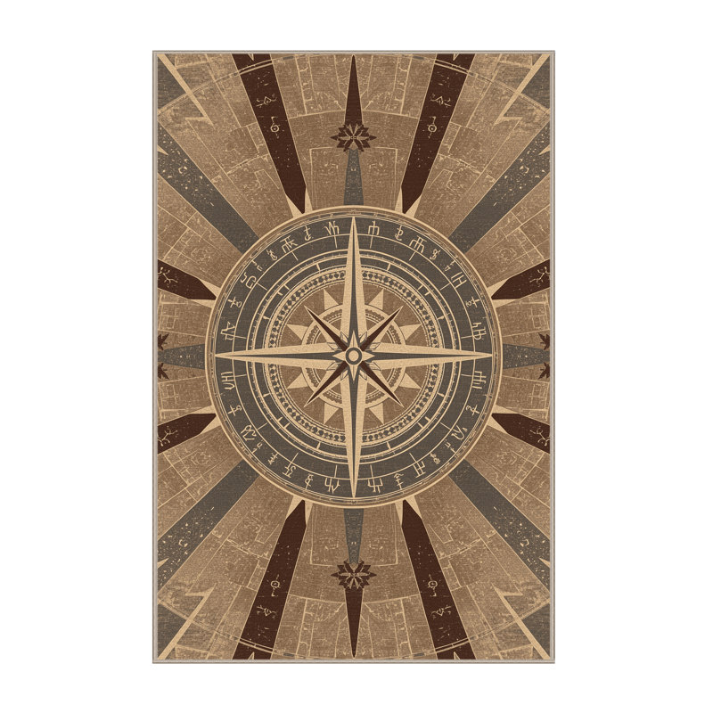 Machine Washable Pantelie Art Deco Starburst Rug in Brown – Beige Binding, 8 x 12