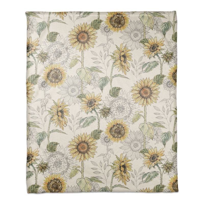 Sunflower Pattern Ivory Fleece Throw Blanket 50" x 60"